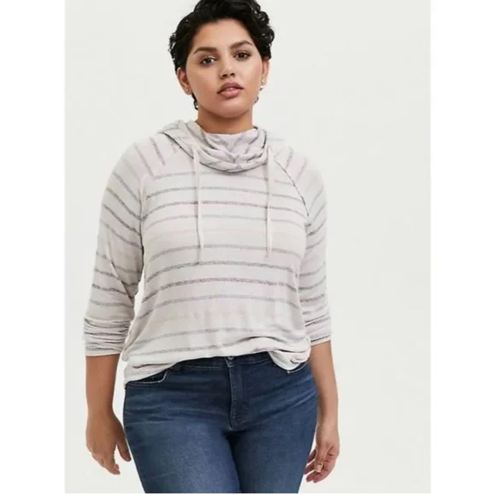 Torrid Gray and White Striped Cowl Neck Sweater
